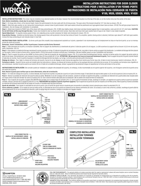 Wright Products Replacement Jamb Bracket for Pneumatic Closers - White Repair Bracket for Models V820, V920, V1020,