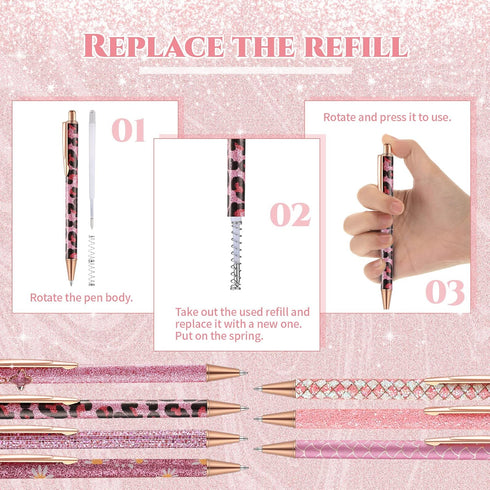 Sherr 7 Pcs Fancy Pens for Women, Cute Sparkly Glitter Pens with 10 Pcs Black Ink Refills, Pretty Gifts for Girls