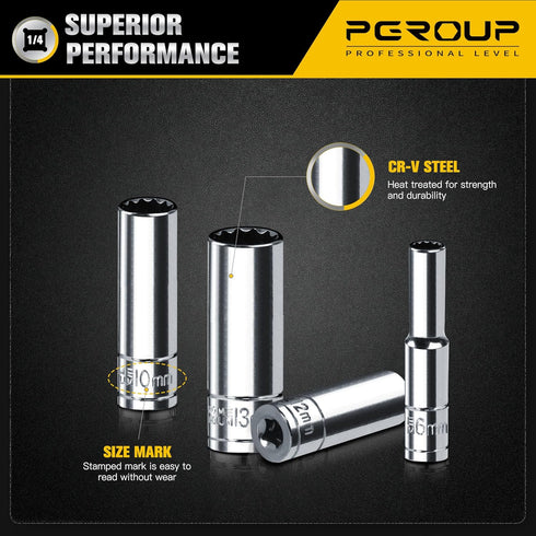 1/4 Inch Drive Socket Set - 8 Piece Metric Deep Socket Set (6mm to 13mm) with Sturdy Holder - Cr-V Steel