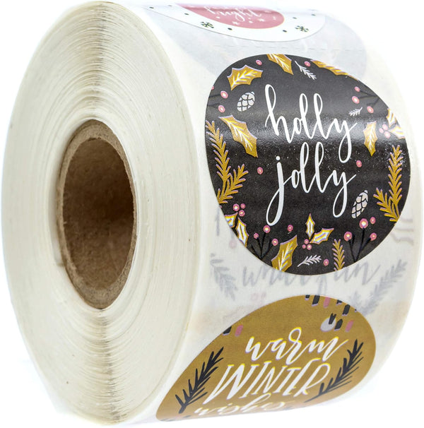 Grey Mustard Pink Christmas Stickers, 500 Modern Holiday Labels, 1.5" Winter Envelope Seals with 8 Festive Designs
