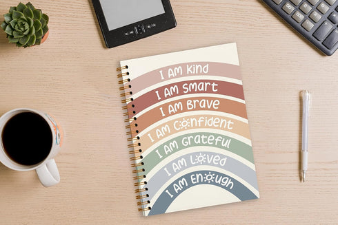 I am Kind Smart Brave Positive Boho Rainbow Lined Hardcover Spiral Notebook Journal, College Ruled, 5.5×8.3 Inch,