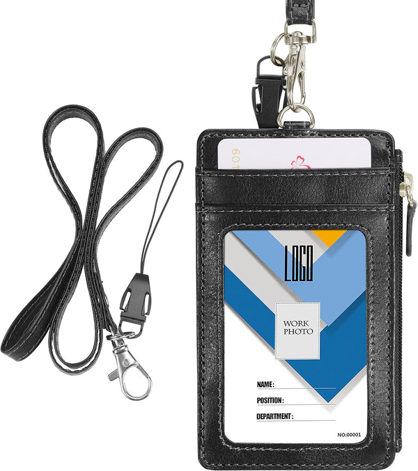 Wisdompro Badge Holder with Zipper, 2-Sided PU Leather College ID Holder, 1 ID Window, 4 Card Slots, Black