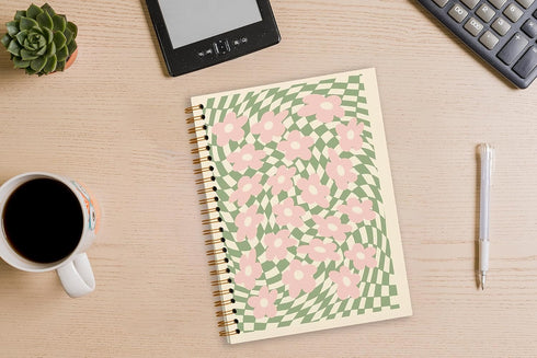 Retro 70s Pink Flower Sage Green Distorted Checkered Lined Hardcover Spiral Notebook Journal, 5.5×8.3 Inch
