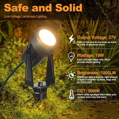 NEWKAZ 65.6FT IP65 18W 1800LM 3000K, Pack 6 Outdoor Landscape lighting Low Voltage, Wired LED Spot light with Plug