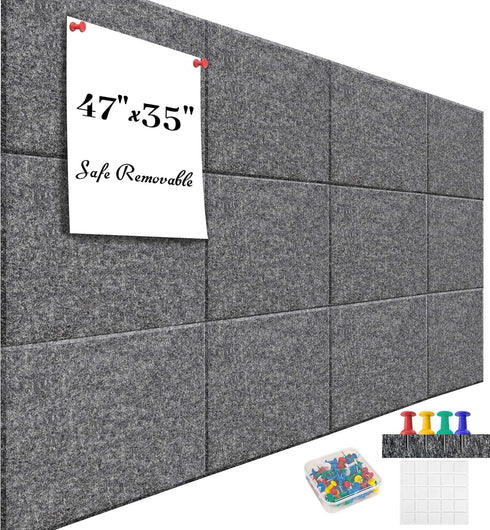 Large Office Cork Board Alternative, 47"x35", 12 Pack Felt Wall Tiles Self-Adhesive Safe Removable No Damage for Wall.