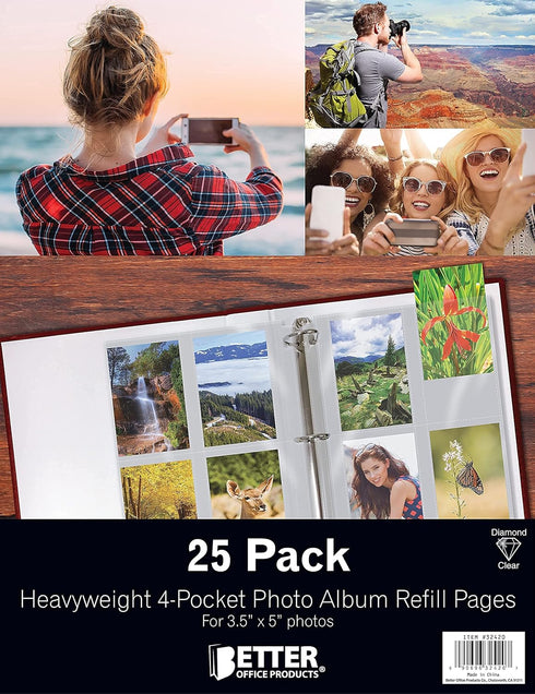 Better Office Products Photo Album Refill Sheets, 3.5 x 5 Inch, Heavyweight, Diamond Clear 3 Ring Photo Binder Page