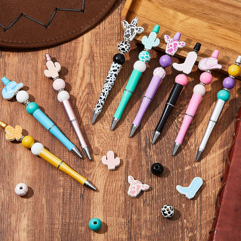 Geelin 18 Set Cow Print Beadable Pens, Assorted Kit with 18 Refills and Cow Themed Wooden Beads
