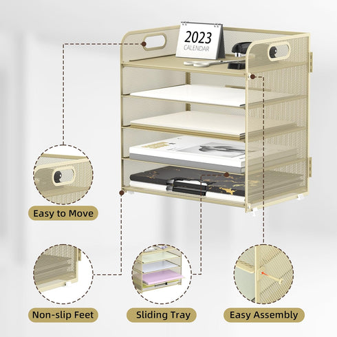 Supeasy 5 Trays Paper Organizer, Mesh Desk File Organizer with Handle for Office, Home, or School (Gold Yellow)