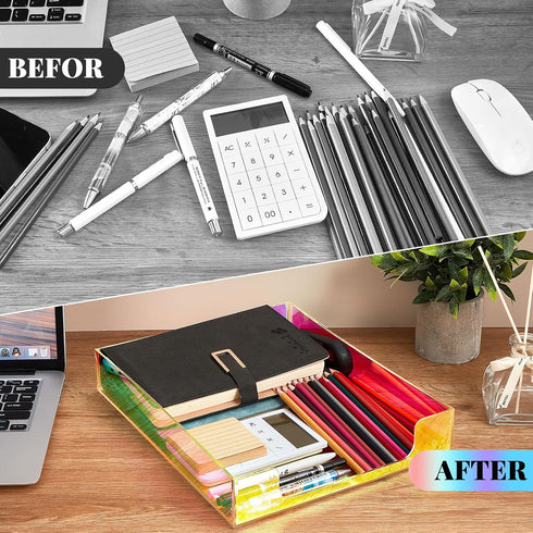 Maxcheck 2 Pcs Iridescent Acrylic Letter Tray, Non-Slip Rubber Organizer, Stackable Mail Tray for Desk, Office, Home