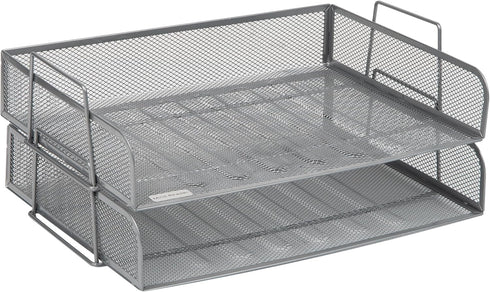 Mind Reader 2 Pcs. Stackable Paper Tray, Metal Mesh Desktop Organizer for File Storage, 14" L x 9.75" W x 6" H, Silver