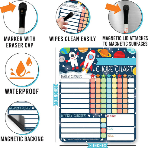 Magnetic Chore Chart for Kids - Good Behavior Chart at Home, Dry Erase Daily, Weekly Responsibility List, Space Chore
