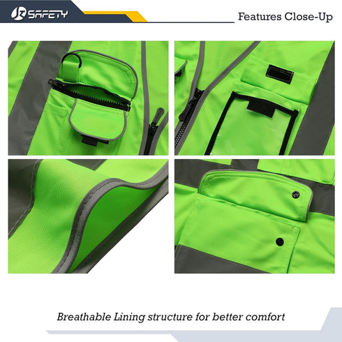 JKSafety Class 2 High Visibility Safety Vest 9 Pockets Zipper Front Reflective Strips 150-Green 4X-Large