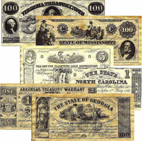 Historical Documents Set: 25 (Set Set Confederate Currency Replica Notes A, B, C, & D) - Civil War Era Currency Replica