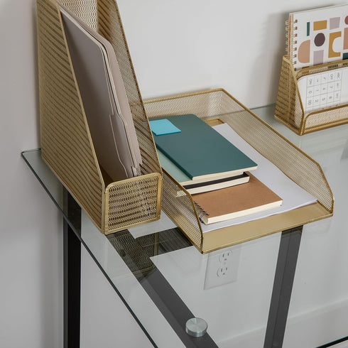 Martha Stewart Ryder Gold Mesh Metal Paper Letter Inbox Tray, 2 Pack Desktop Organizer