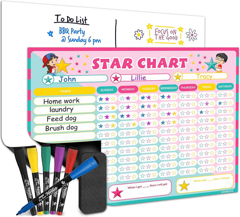 Magnetic Reward Chart for Kids, Dry Erase 13” X 17” Multiple Kids Refrigerator Star Behavior Chore Chart for Home,