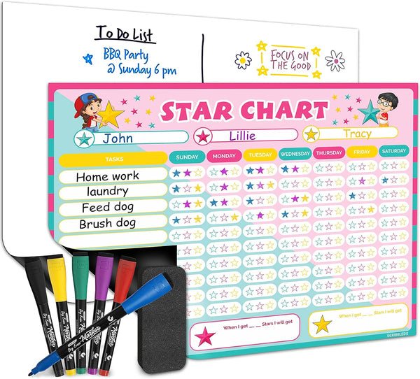 Magnetic Reward Chart for Kids, Dry Erase 13” X 17” Multiple Kids Refrigerator Star Behavior Chore Chart for Home,