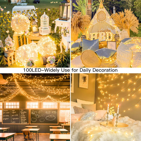 33FT 100 8 String Lights Indoor Bedroom, LED Fairy String Lights Outdoor Waterproof, Modes Memory Twinkle Christmas