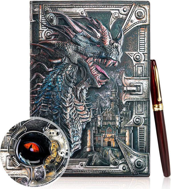 Pajean Embossed Leather Dragon Journal, Antique Writing Notebook with Pen, Lined Paper Hardcover Gift Journal for Women