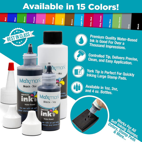 MaxMark Premium Refill Ink for Self Inking Stamps and Stamp Pads, Black Color - 4 oz.