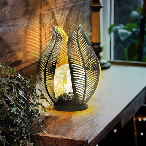 Solar Garden Lights Waterproof Decorations,Crackle Globe Glass,Metal Palm Leaf Solar Lights for Outdoor Decor On
