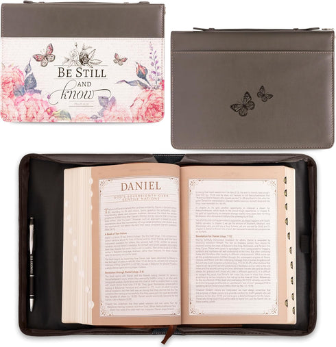 Christian Art Gifts Women's Fashion Bible Cover, Be Still and Know Psalm 46:10, Pink Rose Butterfly, Gray Faux Leather,