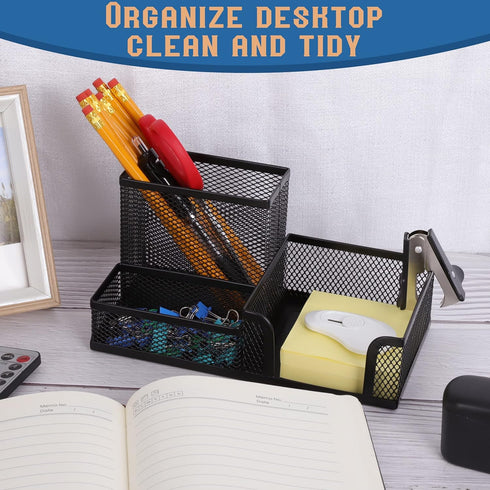 Mesh Pencil Holder Desk Organizers, 3 Compartments Black Pen Holder Storage for Office Accessories