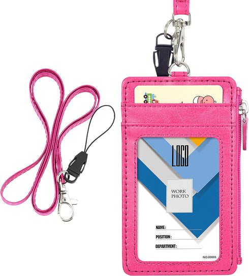 Badge Holder with Zip, Wisdompro Double Sided PU Leather ID Card Holder Wallet Case with 5 Card Slots, Hot Pink