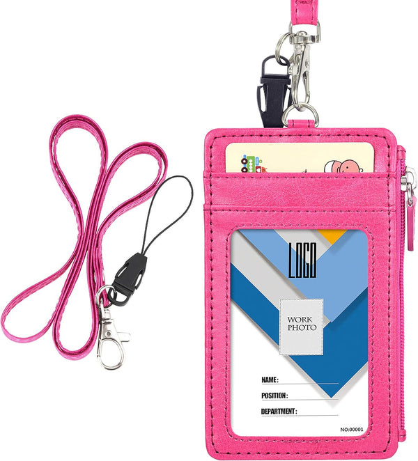 Badge Holder with Zip, Wisdompro Double Sided PU Leather ID Card Holder Wallet Case with 5 Card Slots, Hot Pink