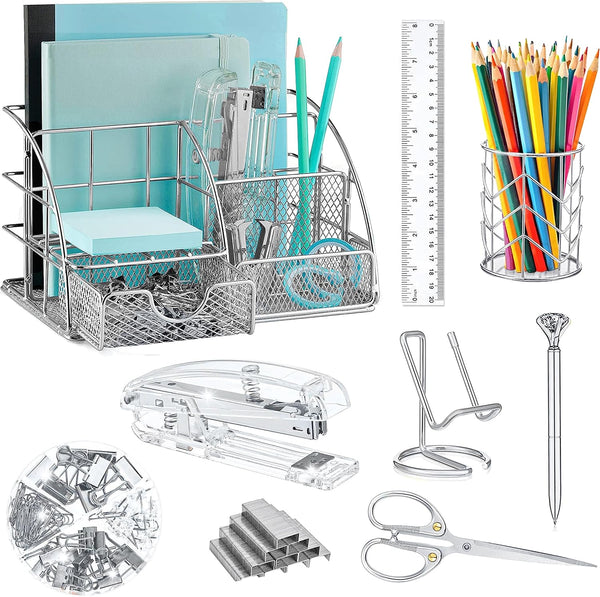 Silver Desk Organizers and Accessories Set, Stapler, Pen Holder, Phone Holder, and Office Supplies