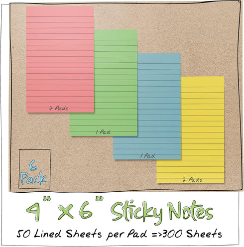 Better Office Products Lined Sticky Notes, 4 x 6, 6 Pack, 300 Sheets (50/Pad), Assorted Pastel Colors