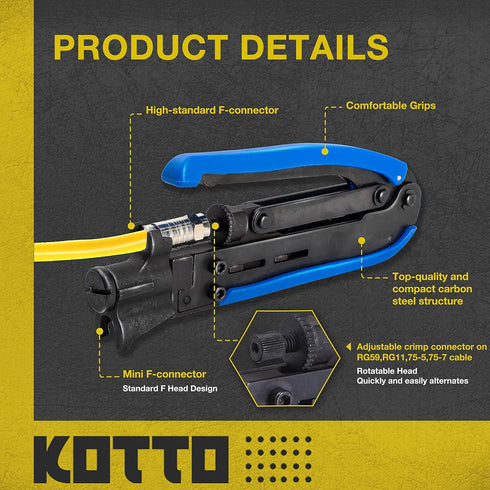 RG6, RG59, RG11 20 KOTTO Coax Cable Crimper Kit - Adjustable Compression Tool for - Includes Coaxial Cable Stripper