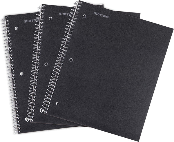 Mintra Office Durable Spiral Notebooks, 1 Subject, 100 Sheets, Black, College Ruled, 3 Pack, Moisture Resistant Cover
