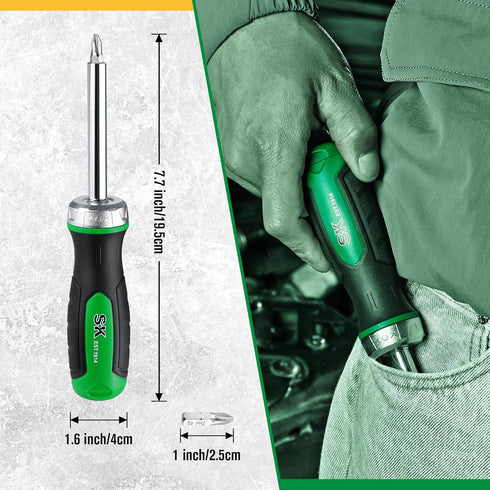 SK 7-in-1 Ratcheting Screwdriver, 216-P, 6 Bits (Phillips, Star, Slotted), 1 Nut Driver Size (1/4 Inch), S2 Steel,