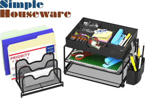 Simple Houseware Mesh Desk Organizer - Sliding Drawer, Double Tray, 5 Stacking Sorter Sections, Black