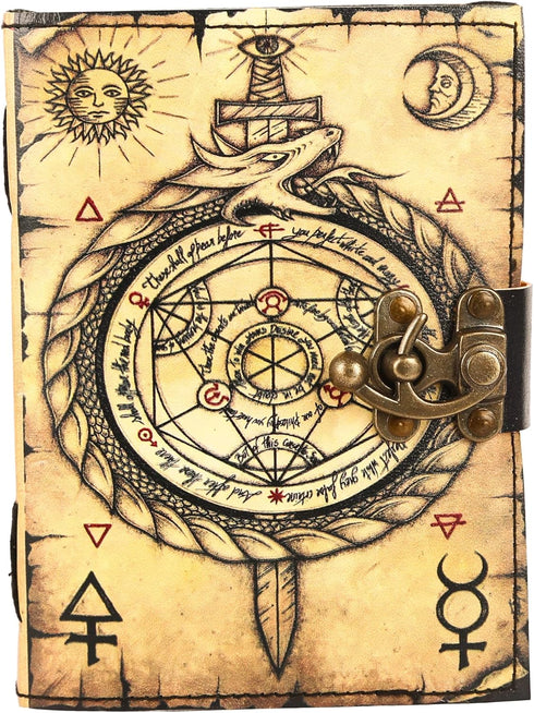 TUZECH Book of Spells Leather Bound Journal Deckle Edge Paper Grimoire Printed Diary Third Eye Notebook Spiral Gothic Notebook Antique Vintage Book for Men and Women (Ouroboros Circle Of