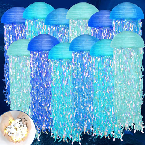 Lonfliness 12 Set LED Jelly Fish Paper Lanterns with Lights Blue Hanging Jellyfish