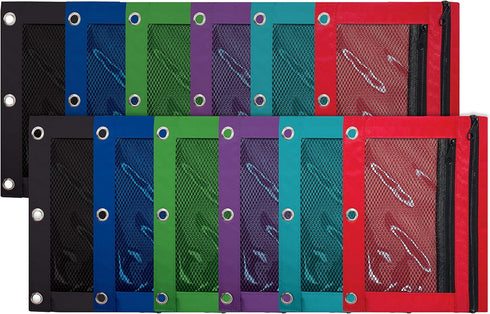 Better Office Products 3 Ring Pencil Pouch, 12 Pack with Mesh Window, 2 Compartments, Assorted Colors