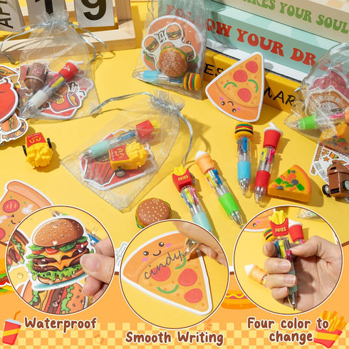 CY2SIDE 12 Pack Set 4-in-1 Fast Food Stationery Gift - Back to School Gift Include Ballpoint Pen Sticky Note Sticker