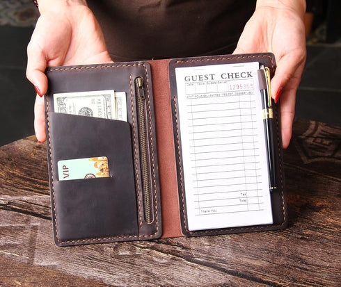 Server Book Organizer with Zipper Pocket, Genuine Leather Restaurant Guest Check Presenters Card Holder for Waitress