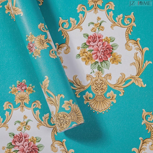 5482 Luxury Damask Peel and Stick Wallpaper 17.7" 9.8ft, Cyan Peony Floral Self Adhesive Decorative Paper
