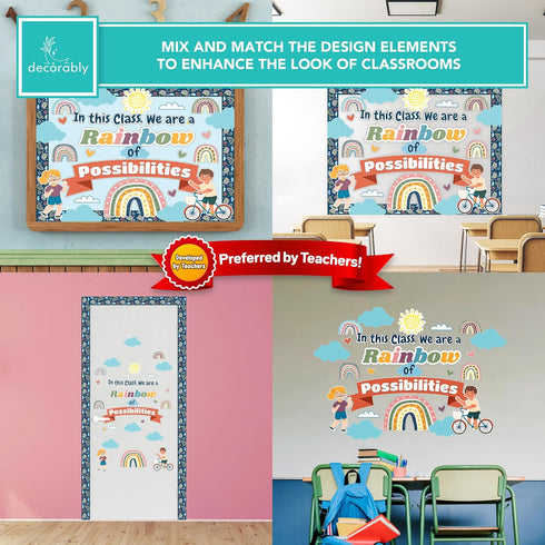 Decorably 55 Pcs Boho Rainbow Classroom Theme Set with Borders - Boho Bulletin Board Decorations for Classroom