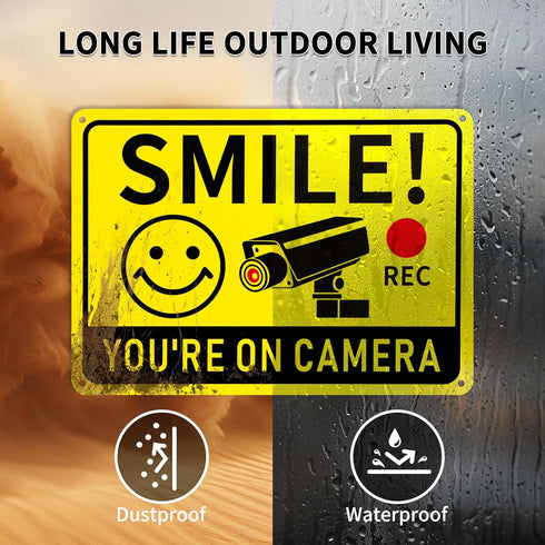 2 Pack 10"x7" Smile You're on Camera Signs Video Surveillance Signs Outdoor, Rust-Free Aluminum Warning Sign, UV
