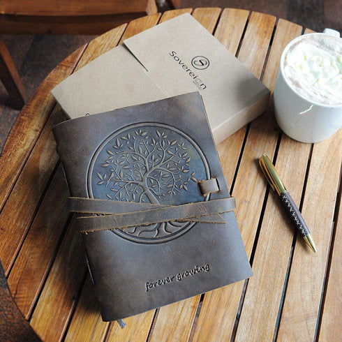 Leather Bound Journal for Men and Women, Handmade Gift Set with Tree of Life Embossed Journal