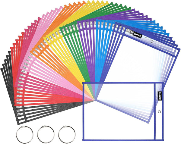 SUNEE 50 Packs Oversized Reusable Dry Erase Pocket Sleeves, 10 Assorted Colors, Clear Plastic Sheet Protectors