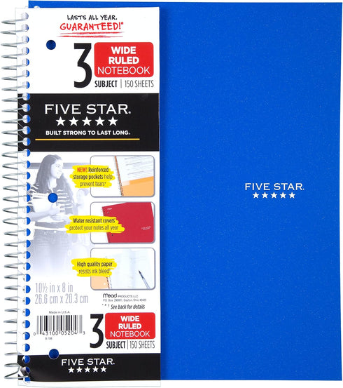 Five Star Spiral Notebooks, 3 Subject, Wide Ruled Paper, 150 Sheets, 10-1/2" x 8", Black, Blue, 2 Pack (73033)
