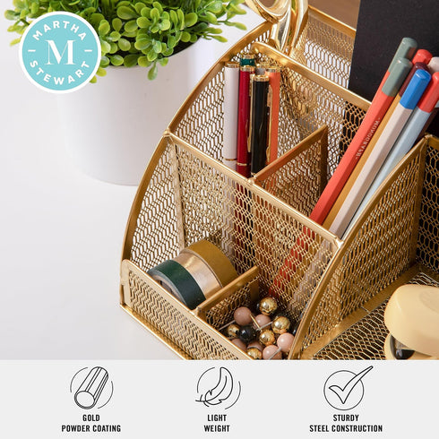 Martha Stewart Ryder Gold Mesh Metal Small Organizer for Office Accessories, Notebooks, Pen Holder and Drawer