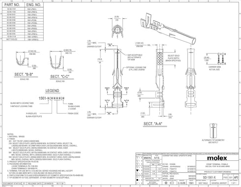 Molex Pin, Male & Female .062" 18-24 AWG, Series 1561 Tin Plated Brass Contact (20 Pair)
