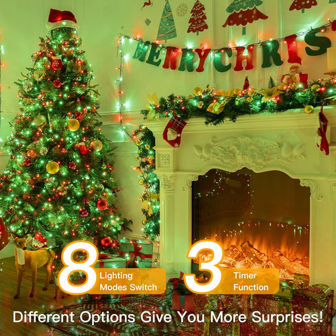 400LED 132FT, 8 Ollny Christmas Lights Remote Plug-in Red & Green Tree Lights with Timer and Modes, Waterproof