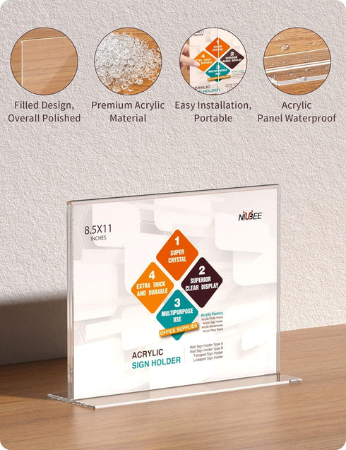 NIUBEE Acrylic Sign Holder, 8.5x11 Inches 3 Pack, T Shape Double Sided Clear Frames for Office Display