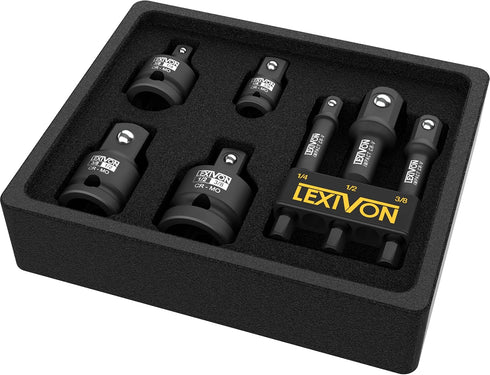 LEXIVON Impact Socket Adapter Combo Kit, 7-piece Increaser, Reducer & Extension Set | 1/4"-3/8"-1/2" Impact Driver Conversions, Active Rust Protection By Black-Phosphate Coating Treatment (LX-109) by LEXIVON